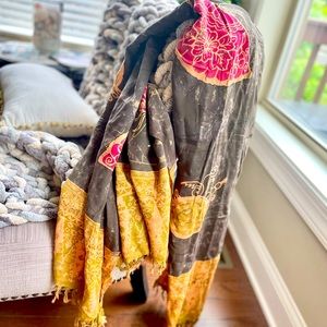 Batik style wrap/ scarf/ table cloth in browns, peachy and pink tones. 44x64”.